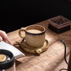 Rustic Style Coarse Pottery Coffee Cup and Saucer Set, Vintage Ceramic Cup, Cross-Border Mug, Japanese-Style Distressed Afternoon Tea Cup