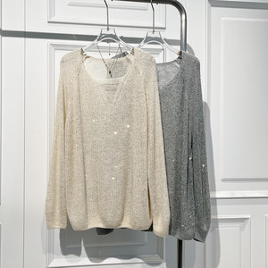 
Fashionable lazy style sequined long-sleeved sweater 2025 new winter style loose slimming comfortable age-reducing mid-length top trend