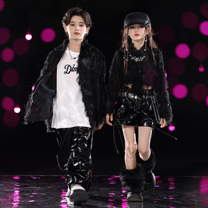 
Children's trendy street dance costumes for boys and girls jazz dance hiphop performance costume model show hip hop leather pants suit