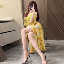 Yellow Robe 2026 Summer New Floral French Style Pure Desire Stepmother Dress Wrap-Around Vacation Women's Mid-Length Dress