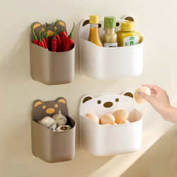 Wall-Mounted Cartoon Bear Cute Storage Box for Kitchen, No-Drill Wall Storage for Onions, Ginger, and Garlic, Refrigerator Side Hanging, Blue