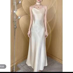 French-Style Spaghetti Strap Dress for Women, Fishtail Skirt, Spring and Summer Acetate Satin, Light Luxury, High-End Feel, Slimming Long Dress