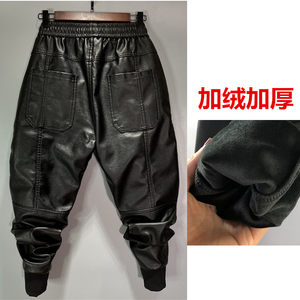 Winter leather pants with velvet thick men's large wind -proof personality locomotive pants six pockets imitation leather PU beam of loose trousers