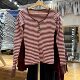 BM light pink striped long-sleeved T-shirt official website Spring and Autumn new casual versatile round neck five-button inner top for women