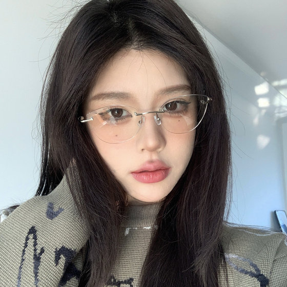 
Korean version of frameless pure desire plain cat eye flat mirror for women with myopia, super light and small face Internet celebrity glasses frame