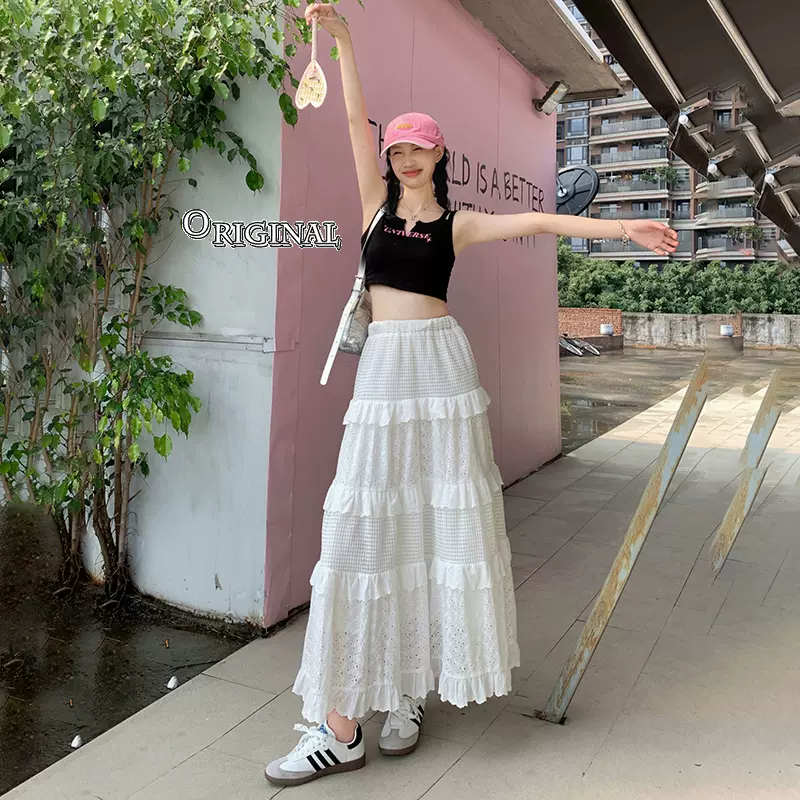 法式傘裙高腰白色蕾絲蛋糕裙秋季百搭仙女裙設計感