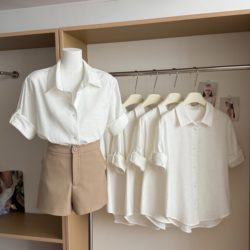 Just Kids White Linen Cotton Relaxed Shirt for Women Spring, Summer and Early Autumn Polo Collar Casual Top Short Sleeves