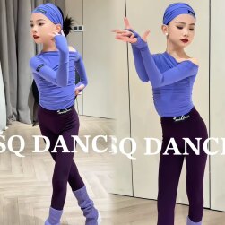 Sq2025 Dancewear for Children Latin Dance Autumn and Winter Blue Warm Pants, Leg Warmers, Headband Set Practice Pants for Dancing