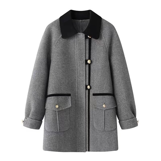 Double-sided woolen coat, high-end new style, contrasting color lapel, gold button placket, gray plaid, Korean style style, coat 1.13