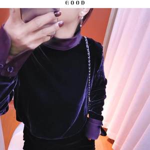 
Purple silk velvet elegant stand-up collar shirt, light luxury women's new style, contrasting sleeves, slimming quality top K