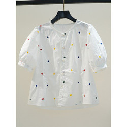 Brand Discount Women's Clothing Heart Embroidered Cotton Shirt Women's New Loose Short-Sleeved Round Neck Fresh Style Shirt Top