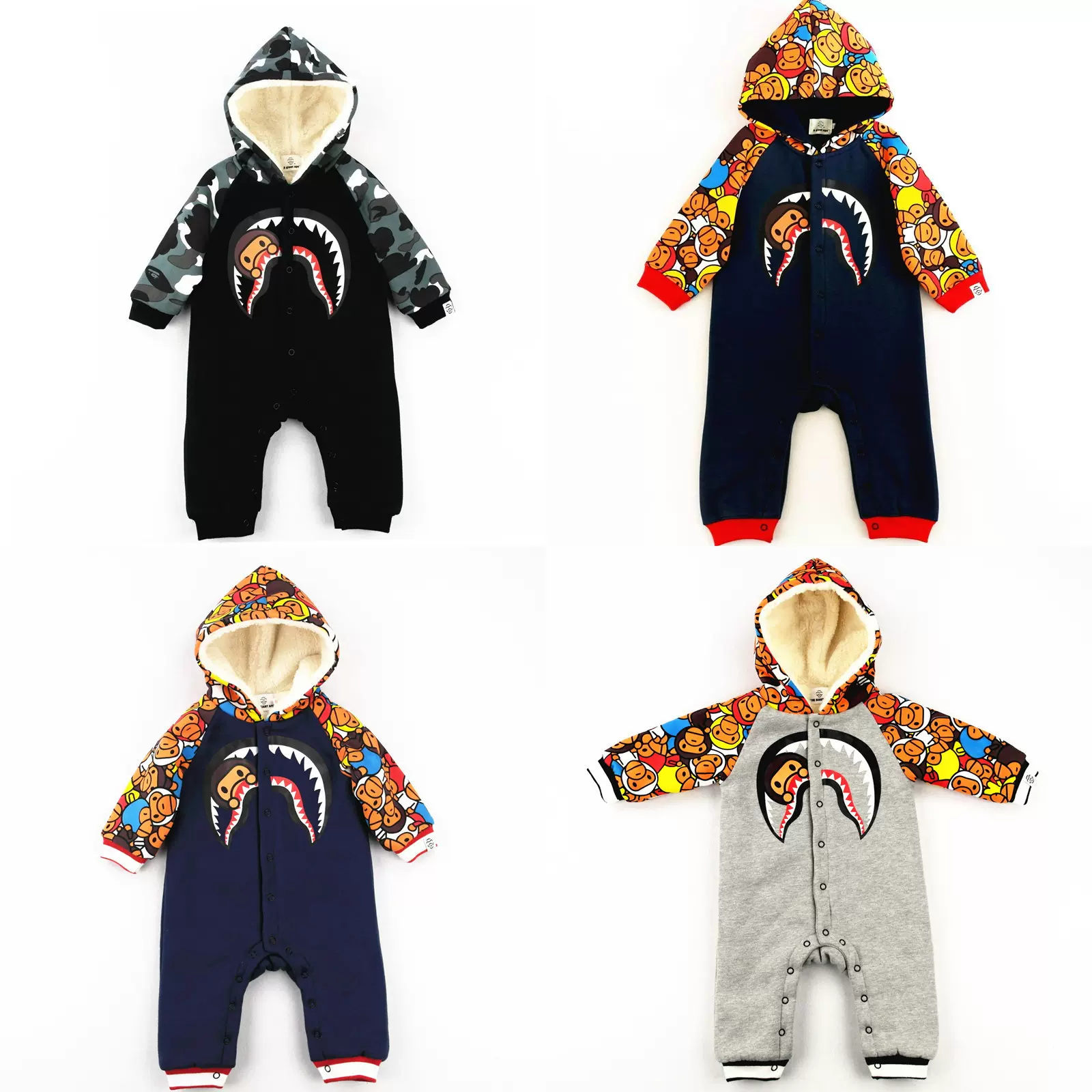 男女通用婴儿连帽爬服加绒APE猿人连身衣春秋季外出爬服A类棉质婴儿服潮