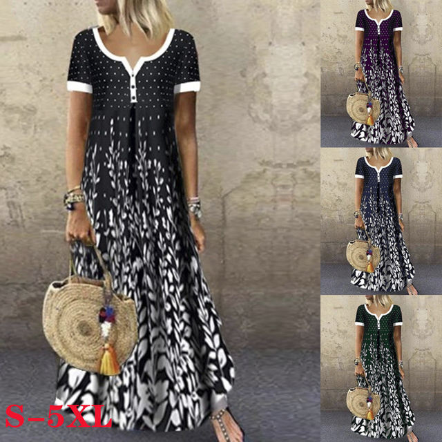Zeyp new model Amazon European and American spring and summer temperament long skirt cotton positioning printed V-neck short-sleeved large-size dress