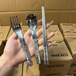 Yanyihao 316 Stainless Steel Fork, Spoon, and Chopsticks Three-Piece Set, Cute Student Cutlery, Portable Canteen Cutlery