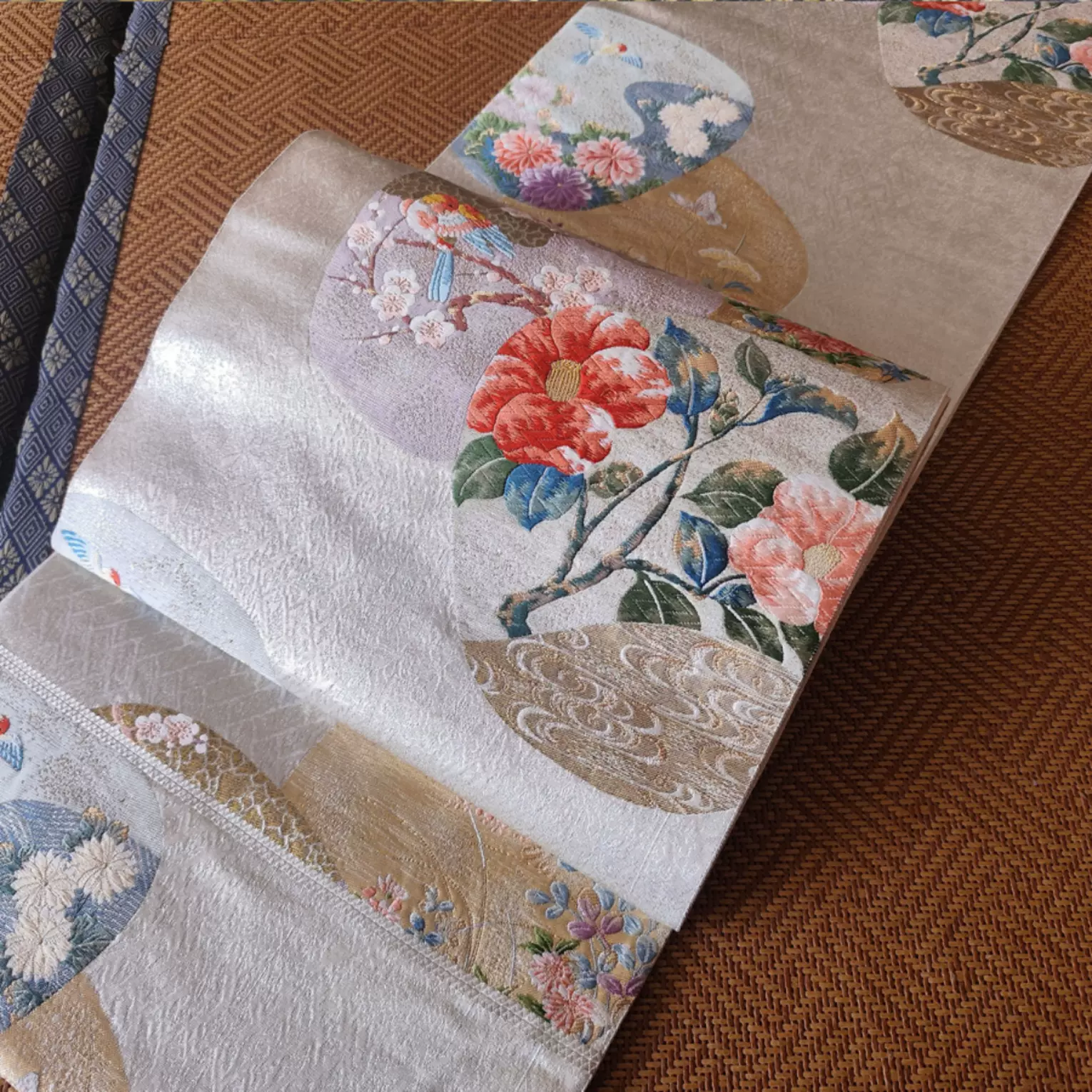特价日本女士和服腰带唐织椿花花鸟丸文正绢六通袋带和枫馆