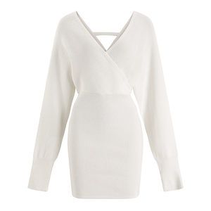 芬兰良品【月光白】现货巨先身材V领高腰包臀包心纱长袖连衣裙秋