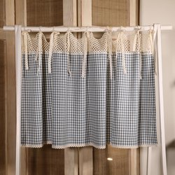 American Country Style Half Curtain, Cotton and Linen Half Curtain, Short Curtain, Vintage Blocking Curtain, Tie-Back Door Curtain, Blue Plaid