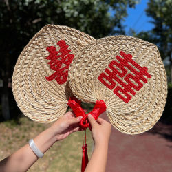 New Summer Handmade Sunflower Straw Woven Round Fan, Hand-Cranked Fan, Zong Leaf Printed Banana Fan, Cattail Fan with Embroidered Logo