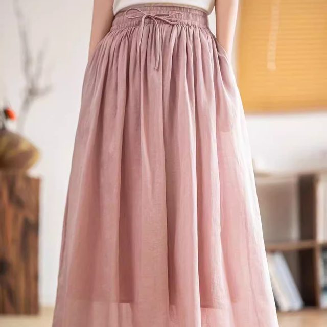 Literary elastic waist versatile double-layer large hem skirt slim and tied A-line ramie skirt for women 2025 summer new style