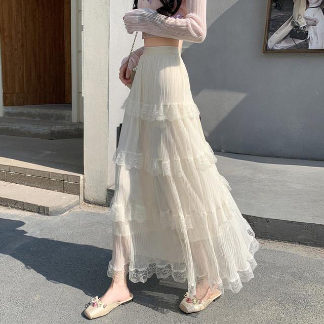 
Lace spliced ​​skirt women's umbrella skirt summer new loose long skirt white cake skirt a line big skirt