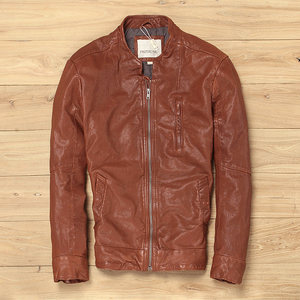 
New men's stand-up collar short slim fit vegetable tanned sheepskin retro distressed simple youth casual genuine leather jacket