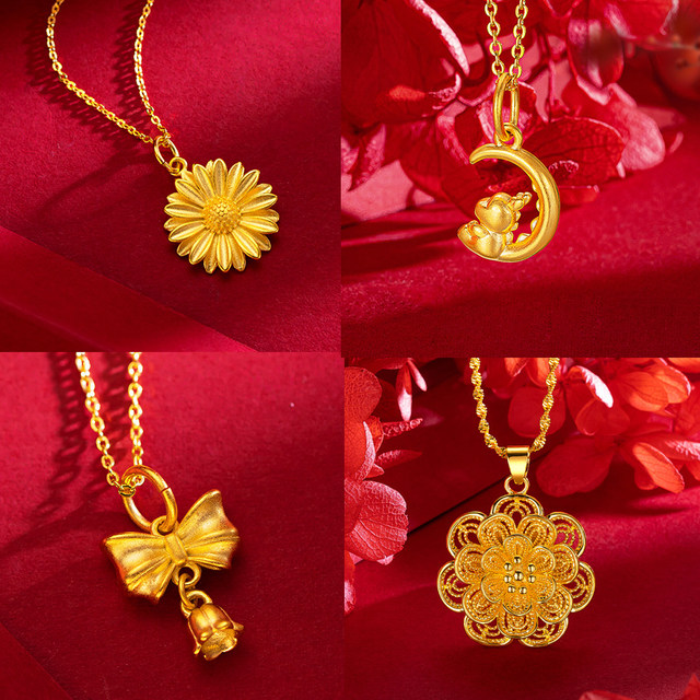 Vietnamese sand gold necklace women's 999 pure gold 18K gold plated bow flower pendant clavicle chain gold plated jewelry