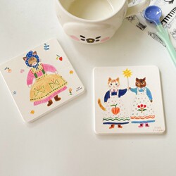 Japanese Illustration by Aiko Fukawa: Cat Diatomaceous Earth Coaster, Country-Style Watercolor Series, Kitten Heat Insulation Mat