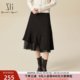 xg Xue Ge 2024 winter style commuting high waist mesh splicing solid color ruffled skirt for women XJ403026A590
