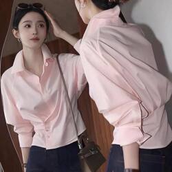 Silk French-Style Cinched Waist Design Shirt for Women, Early Autumn Long-Sleeve Slim-Fit Blouse with a High-End Feel and Versatile Top