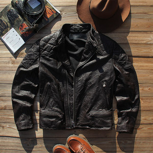 
Retro genuine leather jacket for men with hand scratched first layer cowhide casual lapel diagonal zipper short slim fit leather jacket
