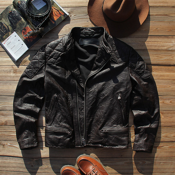 
Retro genuine leather jacket for men with hand scratched first layer cowhide casual lapel diagonal zipper short slim fit leather jacket