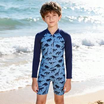 
Boys' long-sleeved zippered boxer surf one-piece swimsuit