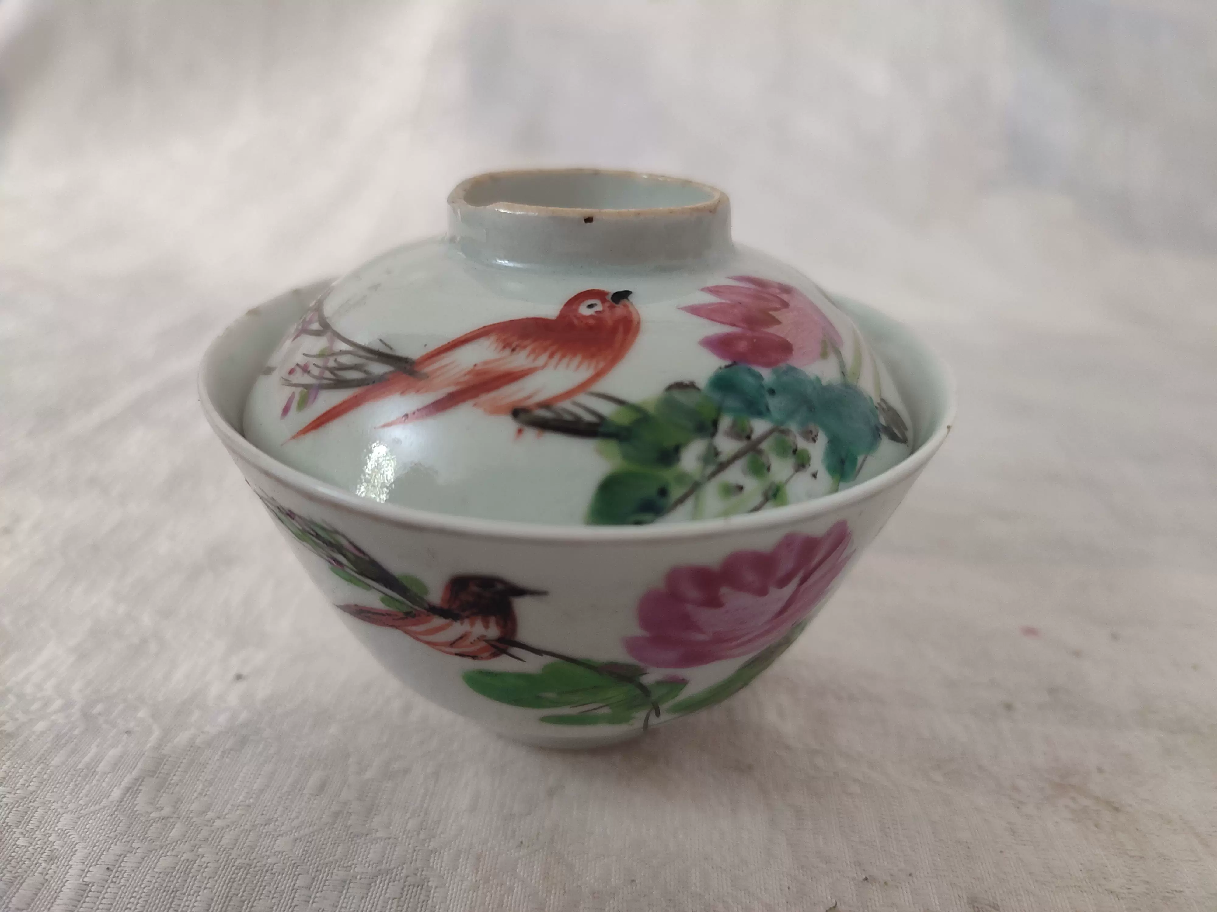 9780民国花鸟纹粉彩茶盖碗古玩收藏古董老货瓷器保真