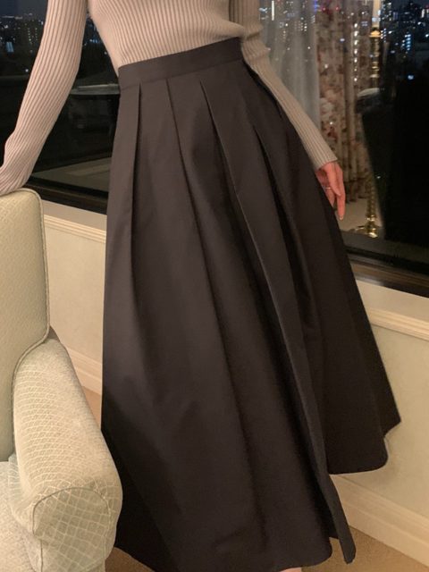 South Korea Chic spring temperament retro, thin waist, high -waisted high -waisted A -line skirt mid -length pleated skirt female woman