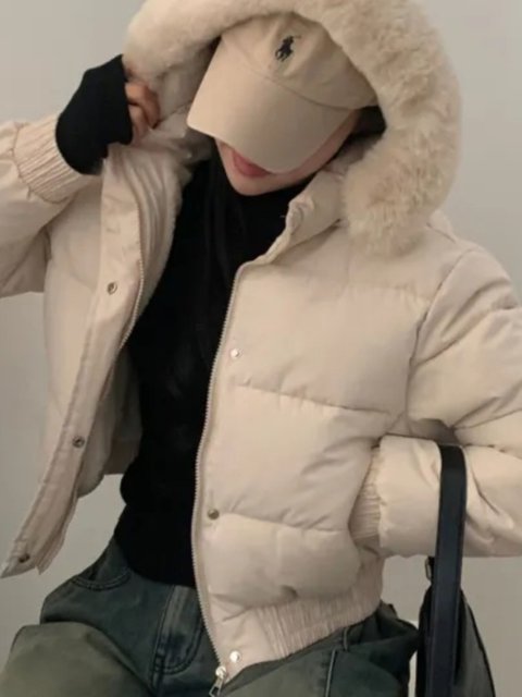 Korean chic autumn and winter hooded bread suit wool collar short fashionable thickened warm velvet cotton jacket for women
