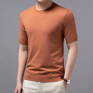 New cashmere men's sweater knitting wool bottoming shirt, short sleeve half -sleeved sloping loose round neck
