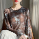 2025 spring new ink tie-dye design long-sleeved base shirt for women mesh round neck printed loose T-shirt top