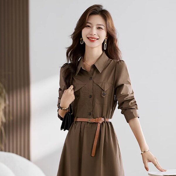 POLO collar casual dress lady style spring and autumn new style fashionable simple temperament waist slimming shirt work wear