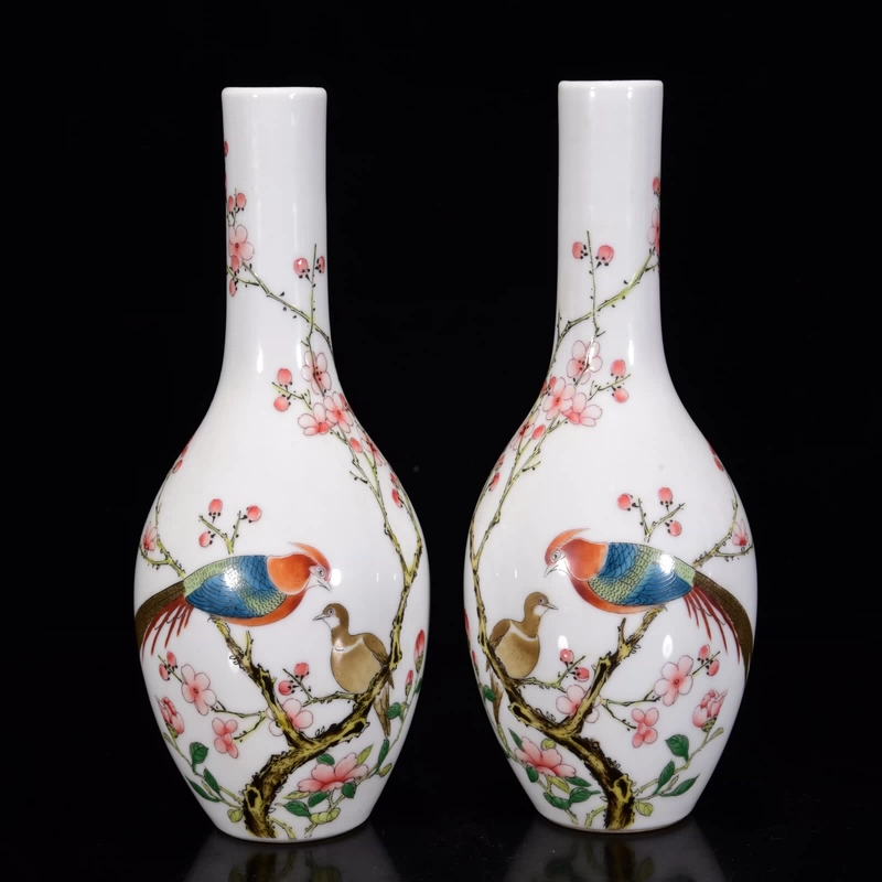 ※中国古美術/琺瑯花鳥紋八角長頸瓶/ (底款:大清乾隆年製) 清雍正御制珐琅彩花鸟纹长颈瓶古瓷器收藏