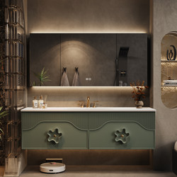 Green French-Style Light Luxury Minimalist Oak Bathroom Cabinet Set with Washbasin and Vanity
