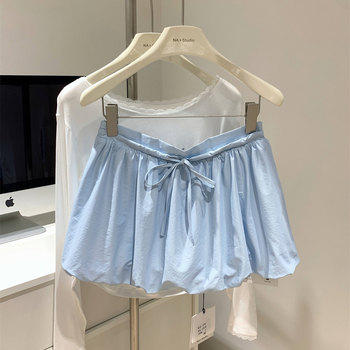 
Lin Shiba sky blue waist lace-up puffy skirt for women 2025 spring new high-proof exposing miniskirt