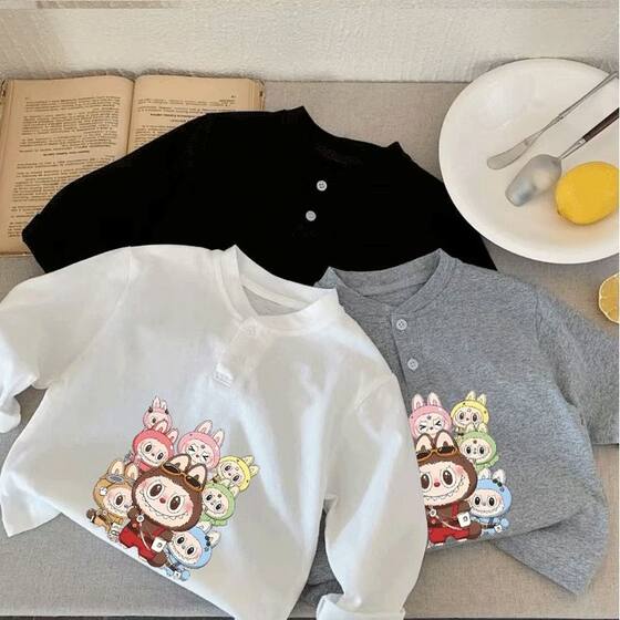 
Children's Labubu English children's clothing long-sleeved T-shirts for boys and girls, spring and autumn style polo shirts, outer wear t-medium large