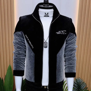 
Men's fleece jacket with stand-up collar, color matching, trendy short men's jacket, thickened and warm, handsome Korean style slim cotton coat