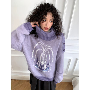 
Chemical Girl Wishing Fountain Fountain Pattern Lapel Pullover Sweater Women's Purple Autumn and Winter Top