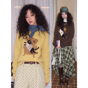 The Cat in the Chemical Girl's Room Right Shoulder Loose Mohair Pullover Sweater Women's Autumn and Winter Top