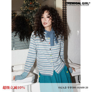 Chemical Girl Candy Paper Sheep Wool Blue Striped Cardigan Outer Sweater Women's Spring Slim Long Sleeve Top