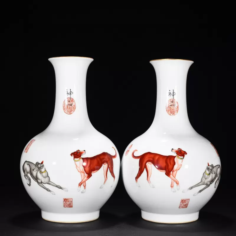 清乾隆郎世宁绘珐琅彩猎犬瓶3古董古玩古瓷器-Taobao