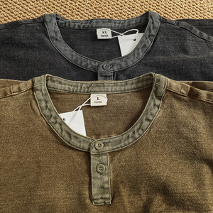 
Gaoke heavyweight knitted terry long-sleeved T-shirt men's khaki retro Henry collar button-down washed distressed sweatshirt
