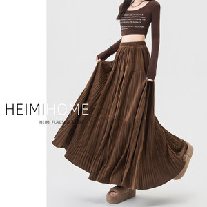 
Coffee vintage velvet skirt for women in autumn and winter thickened pleated cake skirt mid-length design big pleated skirt