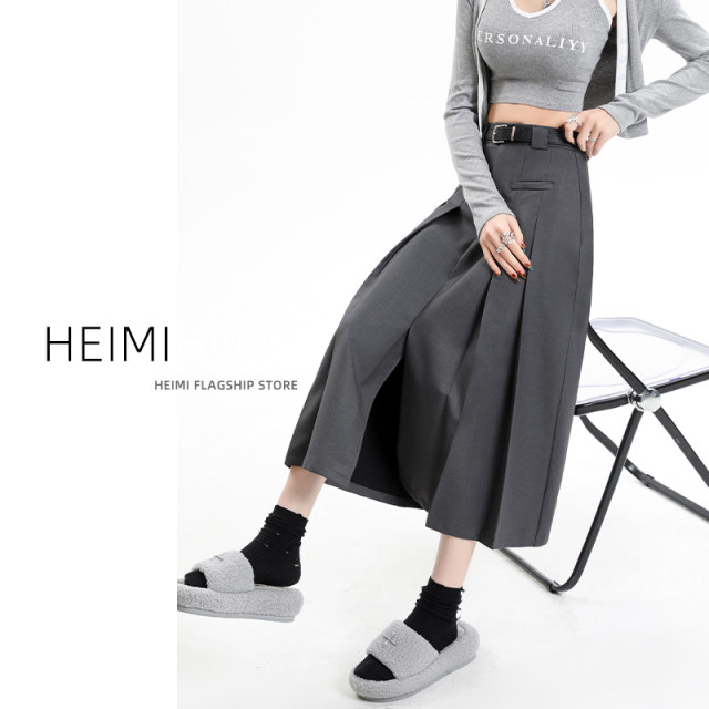 Gray suit skirt for women in spring, summer and autumn pocket design A-line skirt with high waist mid-length slit pleated skirt